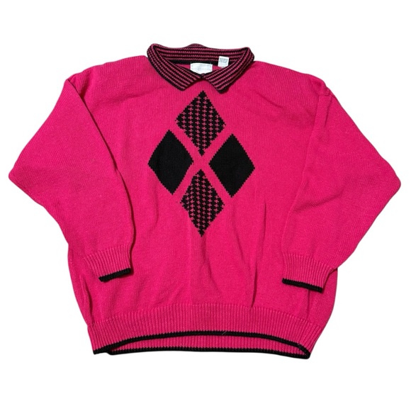 Vintage 80s‎ Combinations Geometric Knit Collared Long Sleeve Sweater 22W - Picture 1 of 5
